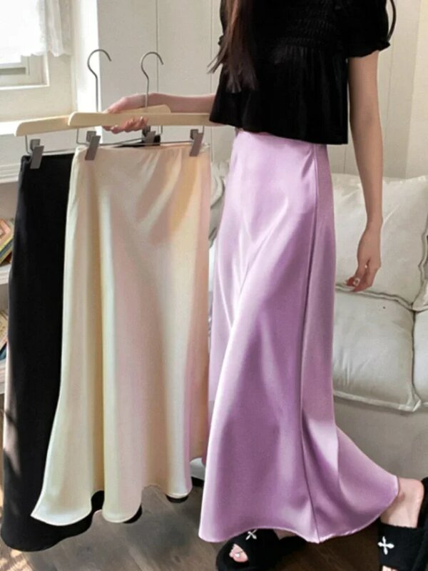 Faldas elegantes de satén de seda para mujer, faldas largas de cintura alta, Color liso púrpura, a la moda, 2024