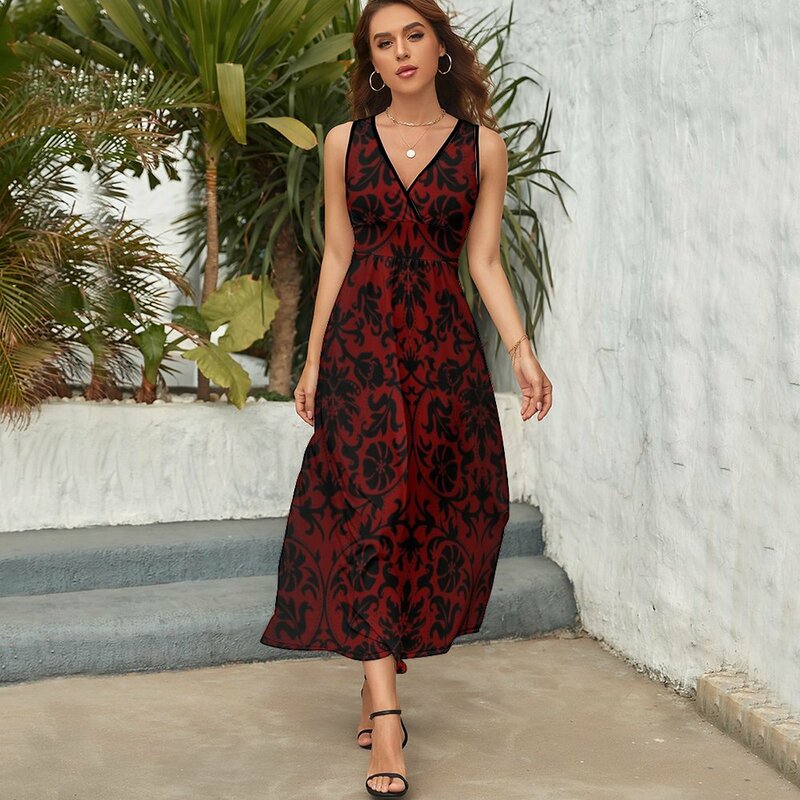 Vestido sin mangas con patrón de Damasco rojo oscuro y negro, ropa de verano, traje de verano para mujer