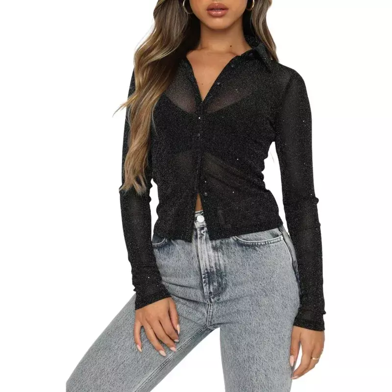 2024 Women's Summer Slim Fit Solid Color Mesh Perspective Comfortable Long Sleeved Cardigan Sexy Casual Shirt Womens Tops MYQH12