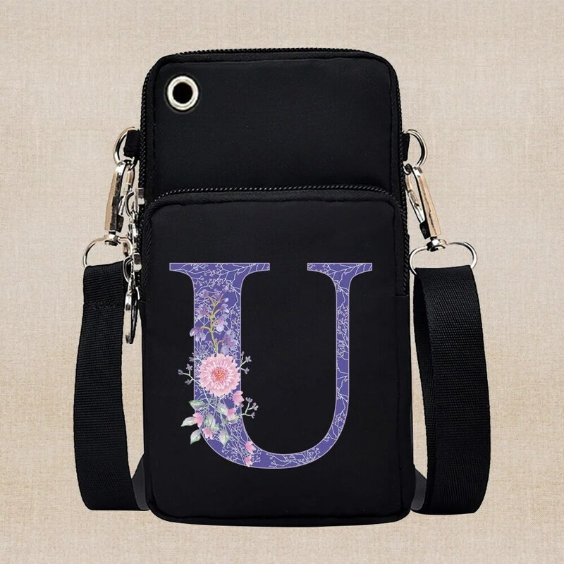 Universal Mobile Phone Bag for Samsung Wallet Case Purple Flower Letter Pattern Arm Shoulder Cover Running Sports Pouch Pocket