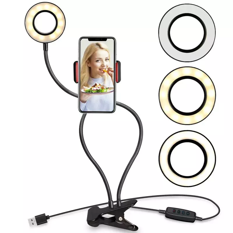 Phone Holder Flexible Dimmable Make Up Lamp Desk Table Lamp Photo Studio LED Selfie Ring USB Recharging Light Clip with Cell