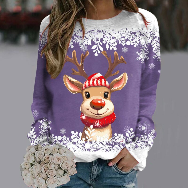 Suéteres de Navidad para mujer, Sudadera de cuello redondo de manga larga, camisas de Navidad con gráfico de Reno lindo