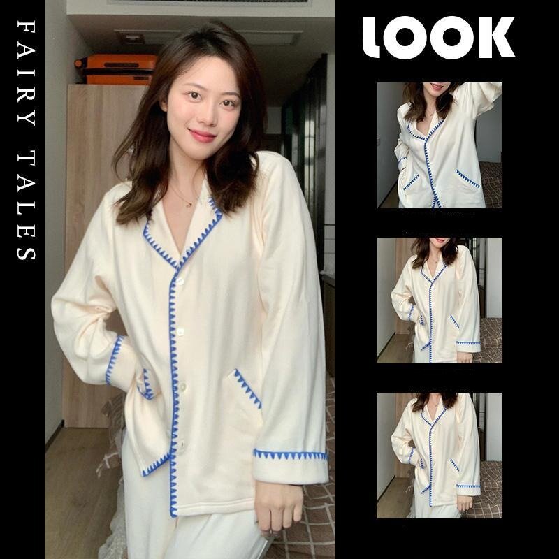 2024 New Long Sleeved Plush Pajamas Women Added Velvet Thickened Sleepwear Winter Minimalist Warm Island Velvet Homewear Set