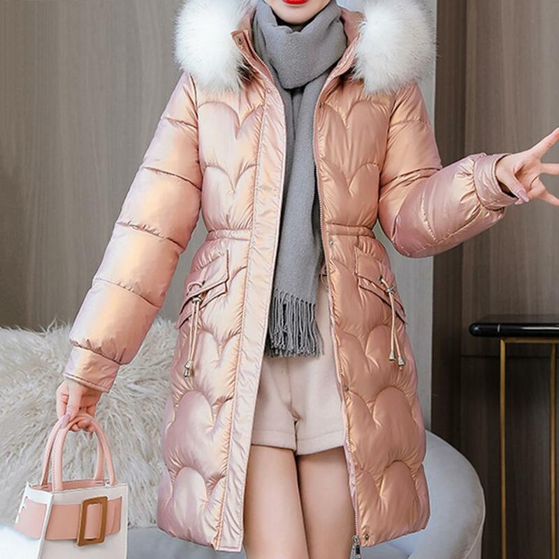 Mantel katun pelangsing pinggang wanita, mantel katun wanita musim dingin dengan tudung bulu palsu Slim Fit desain tahan angin tetap hangat