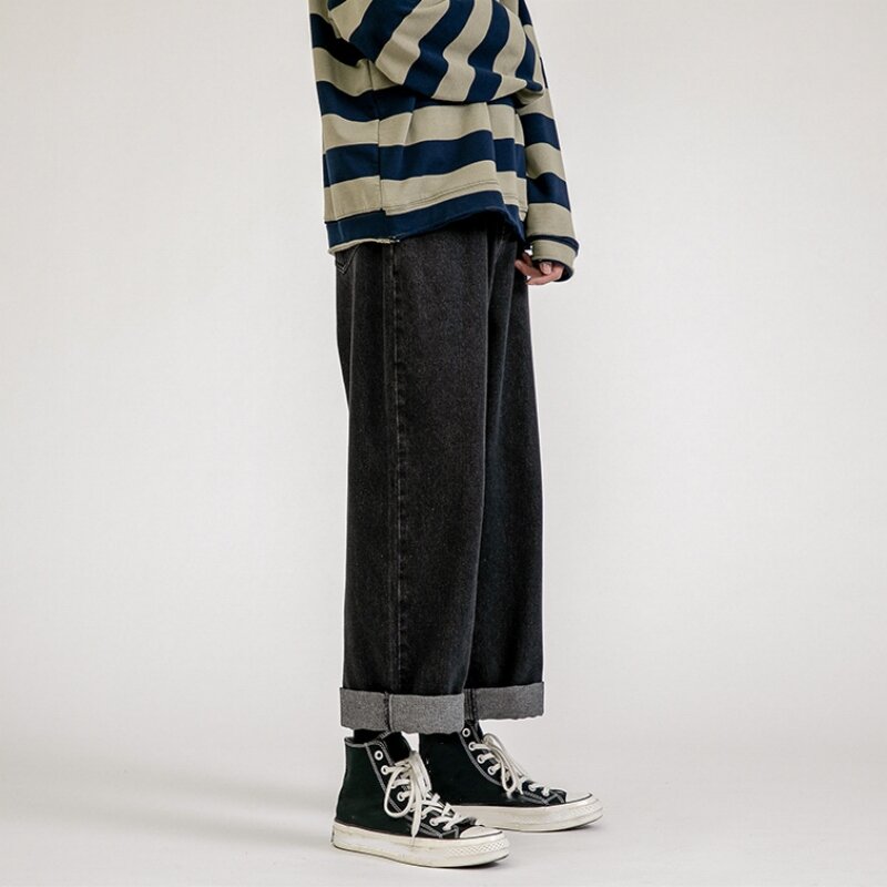 2024 neue koreanische Mode Herren lässig knöchel lange Jeans klassische Mann Straight Denim Hose mit weitem Bein hellblau grau schwarz