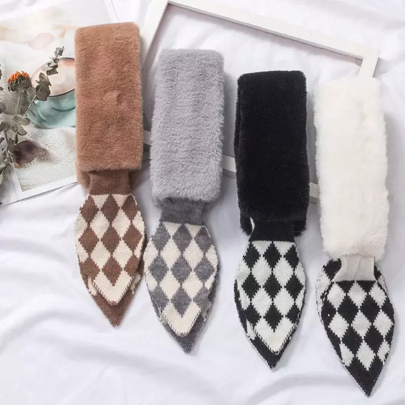 Korean Wool Knit Cross Bib Plush Warm Scarf Woman's Winter Faux Rex Rabbit Fur Stripe Thicken False Collar Neck Guard Scarve