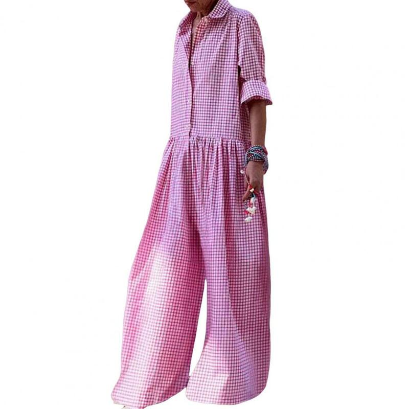 Women Jumpsuit Stylish Check Print Women's Jumpsuit with Long Sleeves Wide Legs Casual Loose Fit for A Fashionable Look Plaid