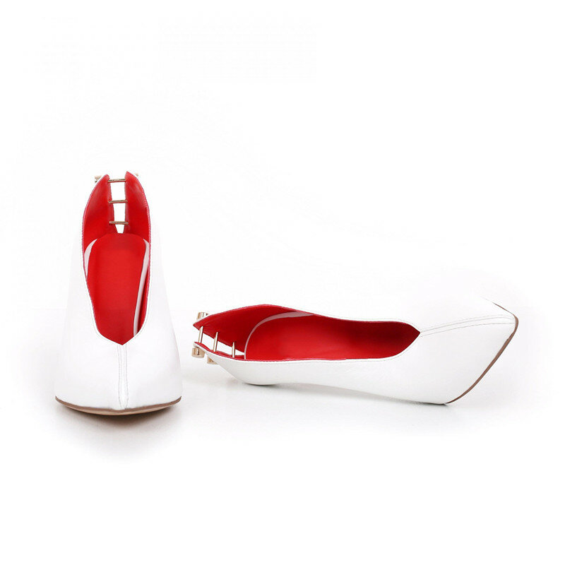 Zapatos de tacón alto con hebilla decorativa de Metal para mujer, tacones de aguja, sin cordones, puntiagudos, sexys, Color blanco/rojo
