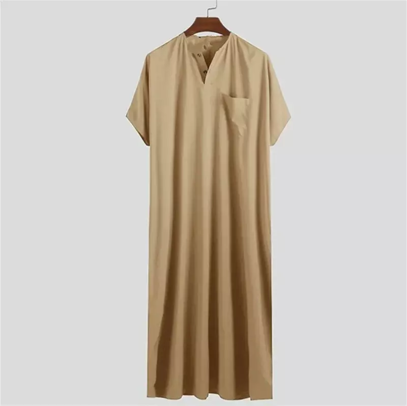 New Summer Muslim Middle East Arab Dubai Dress Malaysia Solid Color Short Sleeve Long Dress Muslim Robe Men's Casual Clothing