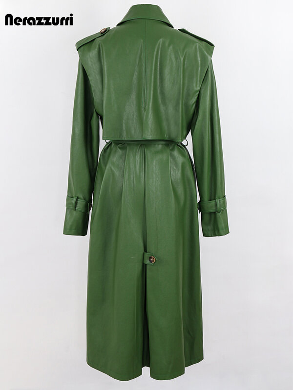 Nerazzurri ฤดูใบไม้ร่วง Cool สีเขียว Pu หนังเสื้อฝนสำหรับผู้หญิง Sashes เดี่ยว Stylish Luxury Designer เสื้อผ้า2022