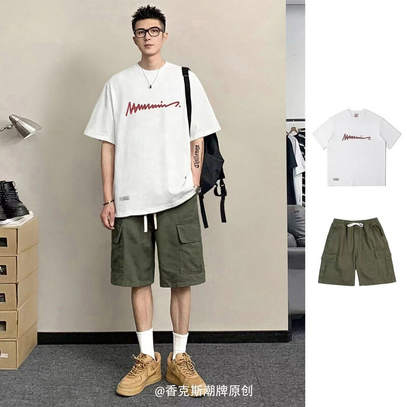 Camiseta de algodão puro e shorts de manga curta, streetwear solto para estudante, homem roupas casuais ao ar livre, estampa de verão, novo, 2022