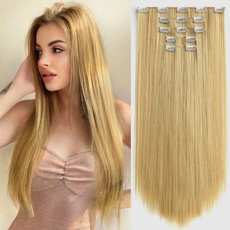 Długie syntetyczne proste naturalne włosy przedłużenie włosy Clip In 6 sztuk/zestaw 16 klipów syntetyczne włosy dla kobiet na całą głowę
