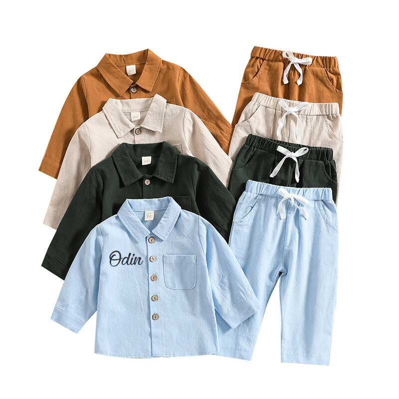 단색 코튼 린넨 스탠딩 넥 셔츠, 맞춤형 용수철, 자수 캐주얼 편안한 긴팔 바지, 2 개 세트, 가을