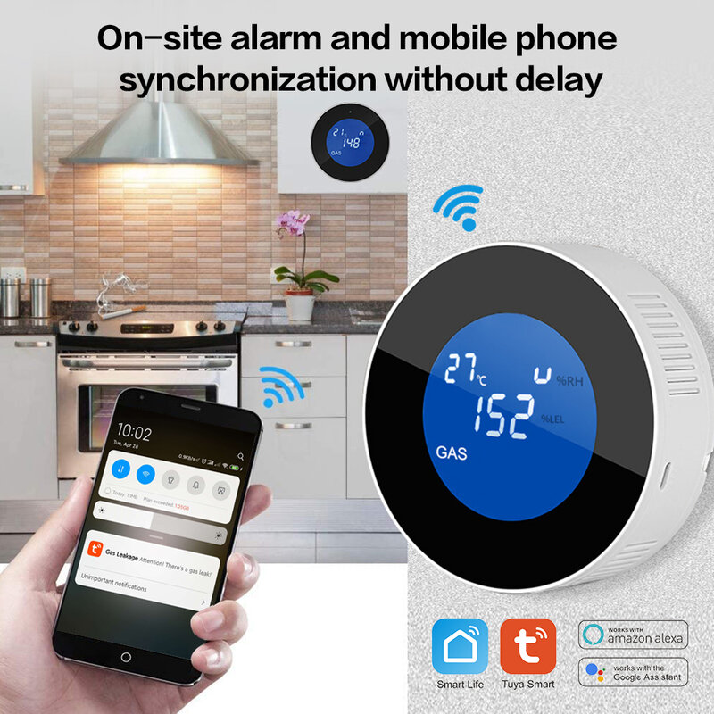 Tuya wi fi inteligente detector de vazamento gás natural alarme monitor digital lcd temperatura display sensor gás para cozinha casa