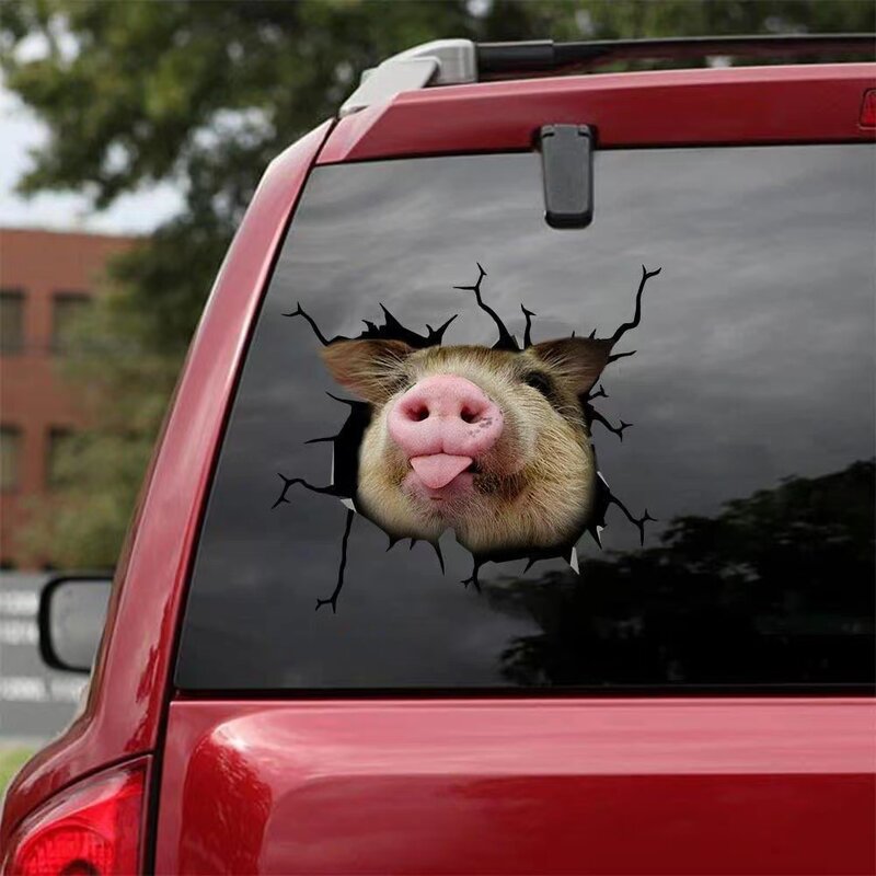 Stiker dinding binatang realistis kreatif stiker babi Unik dekorasi mobil khusus lucu 3D simulasi lubang rusak efek nyata