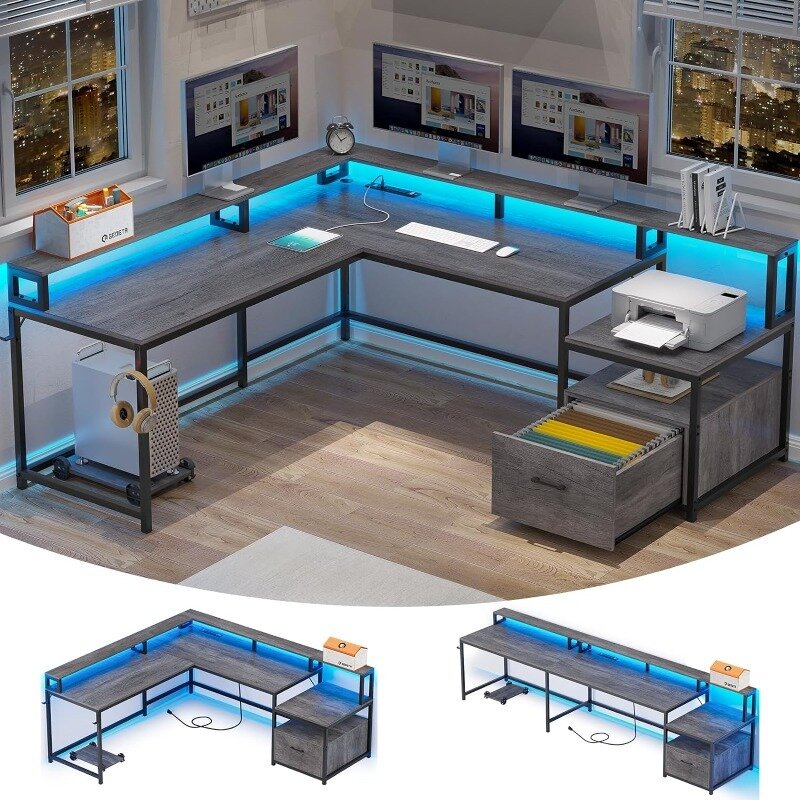 โต๊ะสำนักงานรูปตัว L โต๊ะสำนักงานบ้าน66 "พร้อมลิ้นชักและเต้าเสียบสายไฟแฟ้มโต๊ะเล่นเกมพร้อมไฟ LED โต๊ะคอมพิวเตอร์เข้ามุม
