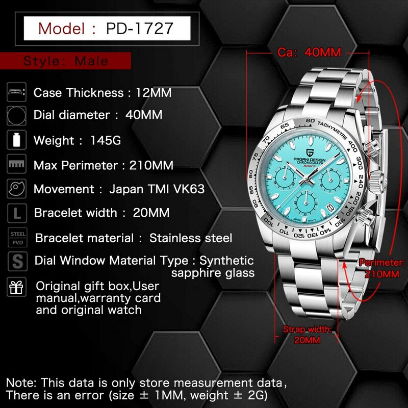 PAGANI DESIGN New Aço Inoxidável Bezel Homens Quartz Relógios De Pulso De Luxo Sapphire Glass Chronograph VK63 Relógio Homens Reloj Hombre