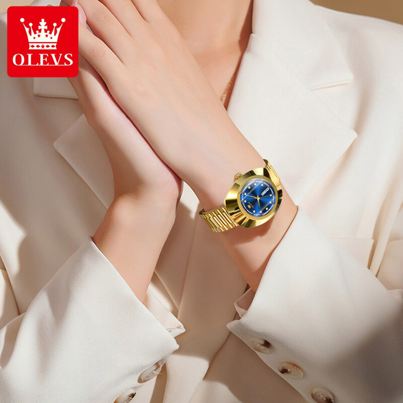 Olevs 7017 Nieuwe Diamant Luxe Quartz Horloge Voor Vrouwen Grote Wijzerplaat Dual Kalender Jurk Polshorloges Topmerk Waterdichte Hand Klok