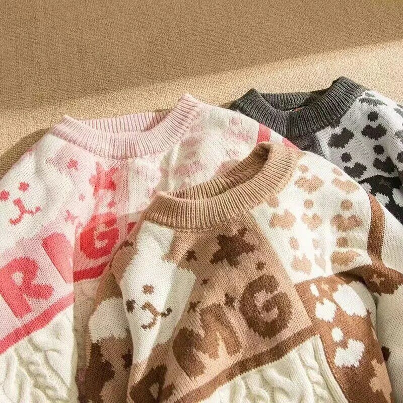 Cartoon cute bunny vintage sweter kobiet jesień 2022 nowy ciepły pod przykrywką japoński para luźna moda leniwy styl sweter na drutach