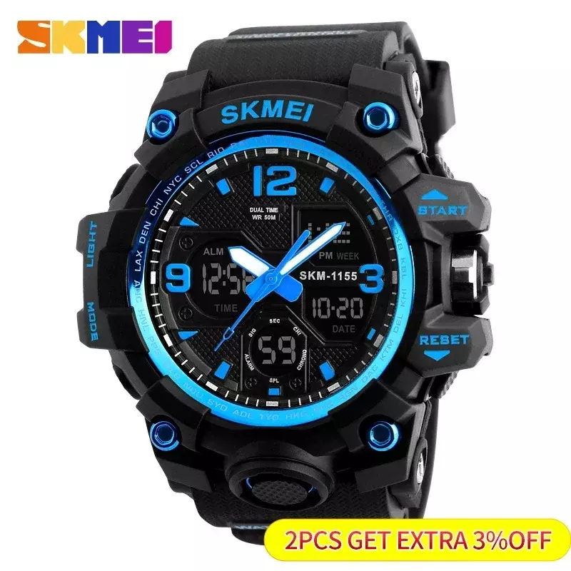 SKMEI-relógios de pulso impermeáveis masculinos Dual Display, relógio esportivo 1155B, relógios digitais militares, 5Bar