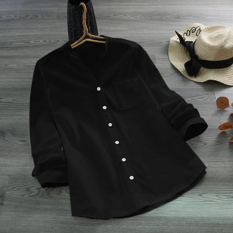 Blusa informal de lino y algodón con botones para mujer, camisa de manga larga con bolsillos, Color liso, novedad de 2024