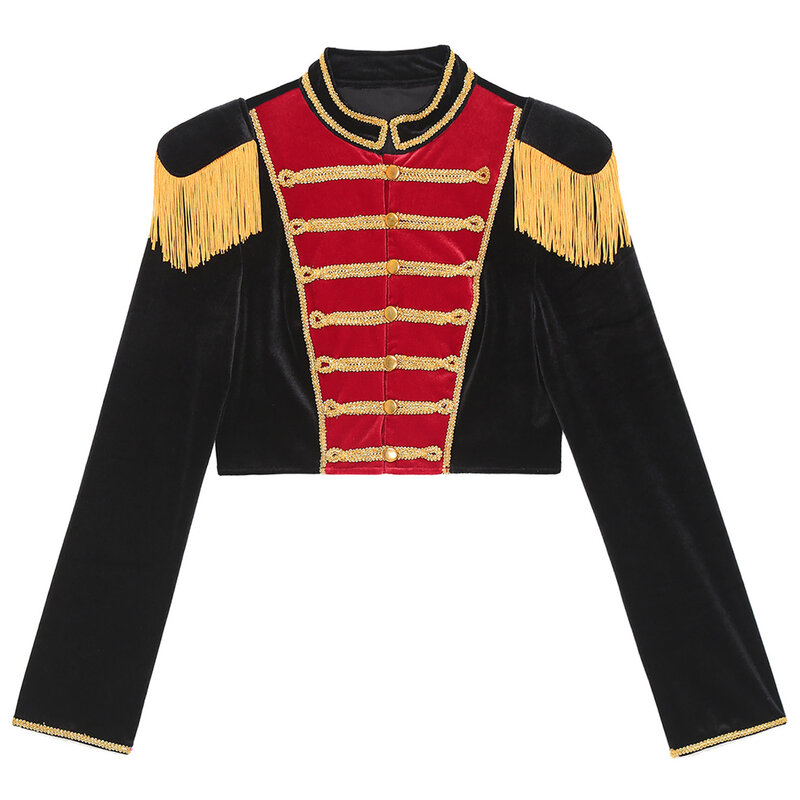 Женская куртка Ringmaster для ролевых игр, нарядное платье на Хэллоуин, костюм для тематической вечеринки с балом, бархатное Укороченное пальто с воротником-стойкой и длинным рукавом