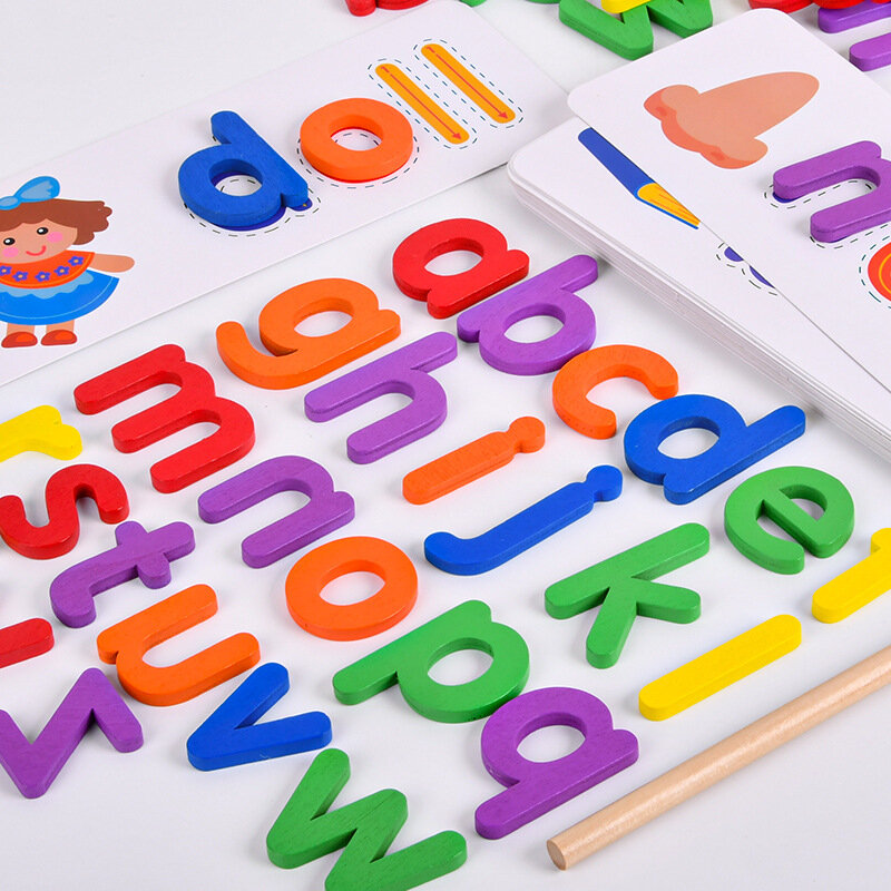 26ตัวอักษรภาษาอังกฤษการ์ดการสะกดการออกกำลังกาย3D ปริศนาของเล่น Spelling เกมหน่วยความจำสำหรับเด็กการศึกษาทำจากไม้ที่มีสีสันของเล่น