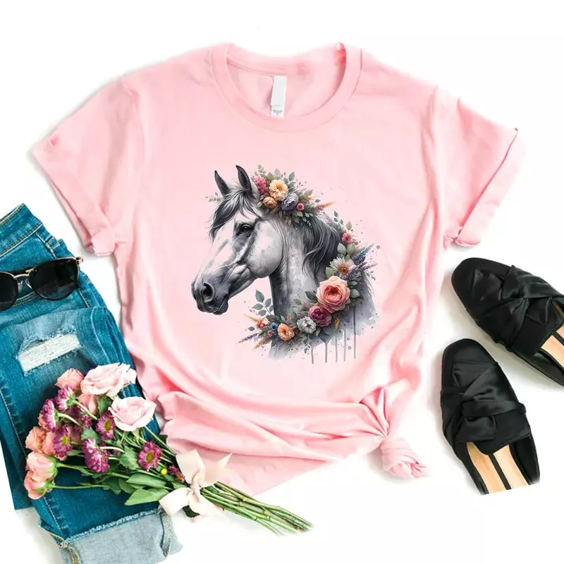 Camiseta floral feminina de cavalos, camiseta feminina de verão feminina, camiseta Harajuku, moda casual, venda quente
