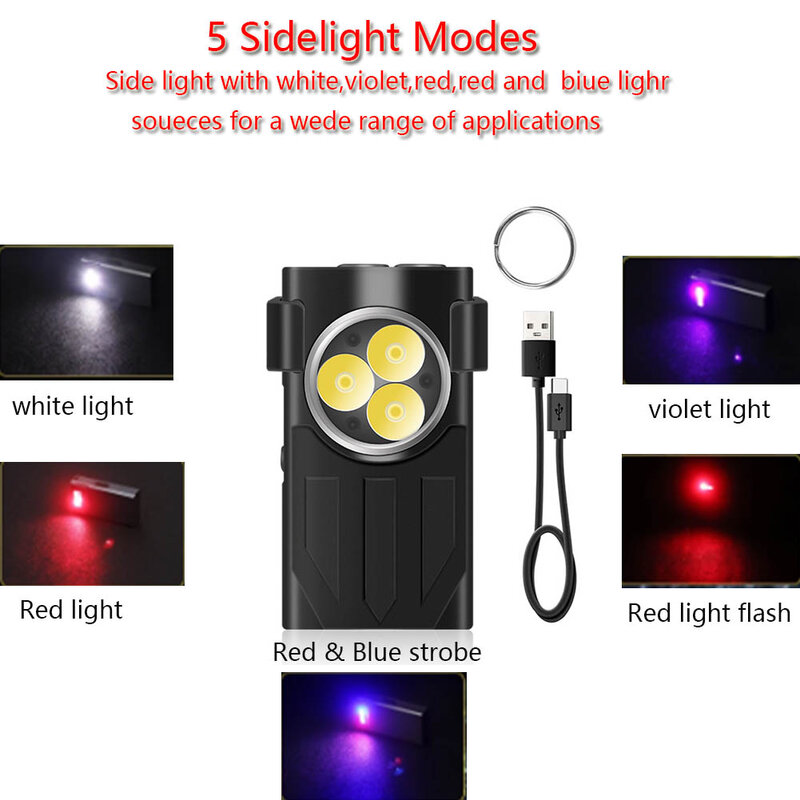 Mini UV LED Keychain Lanterna Portátil USB C Recarregável Trabalho Luz 2000 lumens Tocha com Clip Camping Lanterna