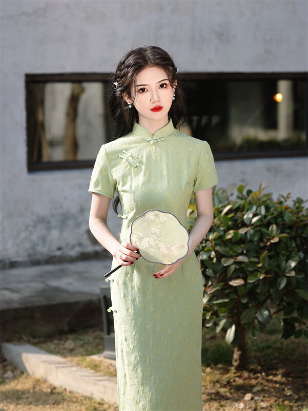 Mulheres clássico Cheongsam elegante estilo chinês, verão, novo, melhorado, fino, manga curta, Qipao moderno, vestido diário, presente de aniversário