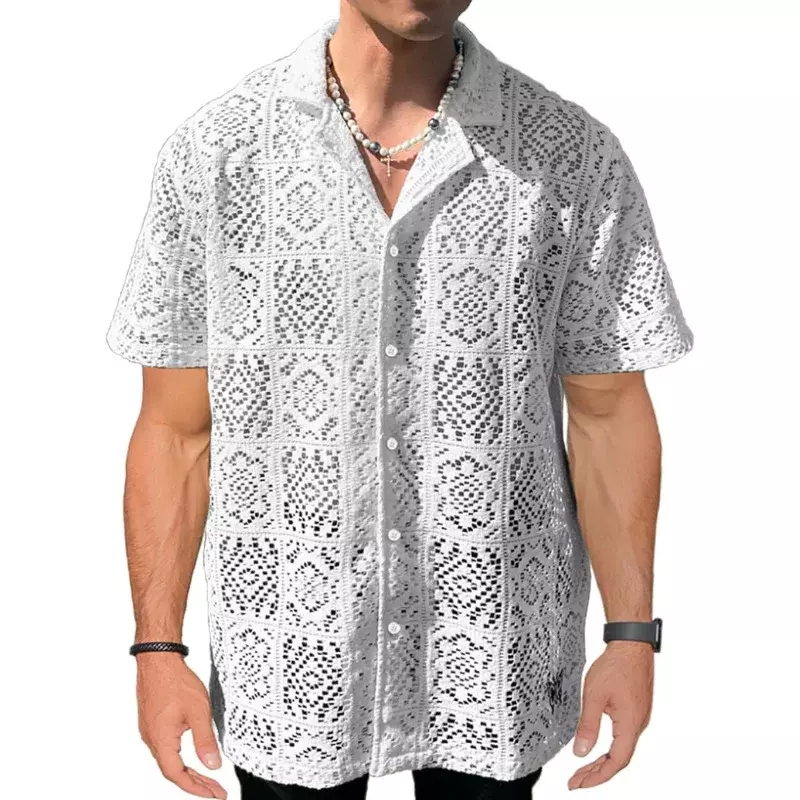 Casual wydrążone oddychające siatkowana koszula plażowe męskie krótkie guzik na rękawie klapy topy z siateczki dla mężczyzn letnie w stylu Vintage czyste kolorowe koszule