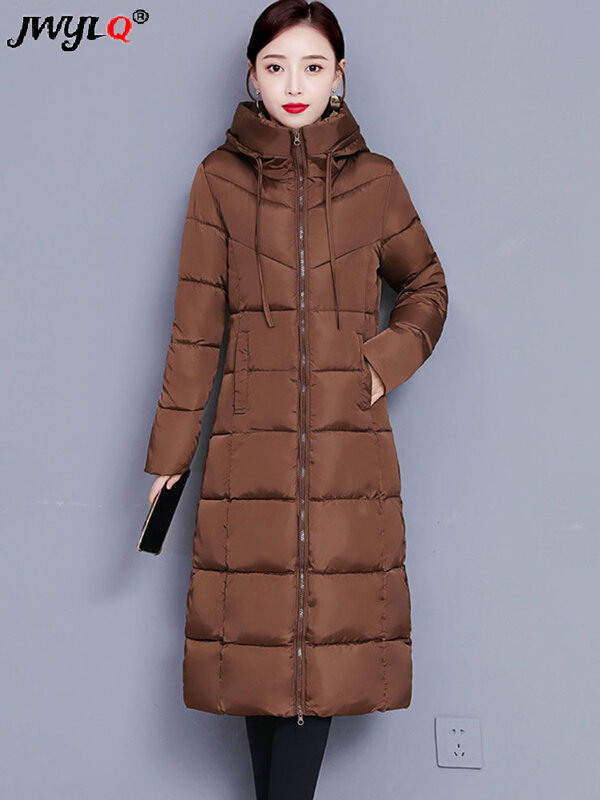 Mantel bertudung panjang, jaket katun Korea empuk hangat tahan angin salju 5xl elegan musim dingin