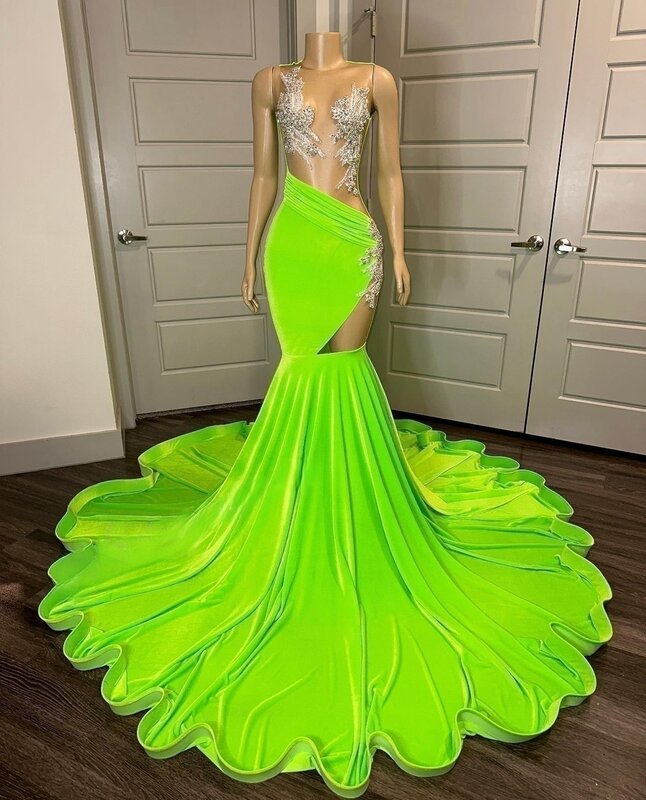 Ocstrade Sparkly Rhinestone Elegant Prom Dress Sexy Mesh Corsets Sequin Long Trumpet Ball Gown Green Evening Dress