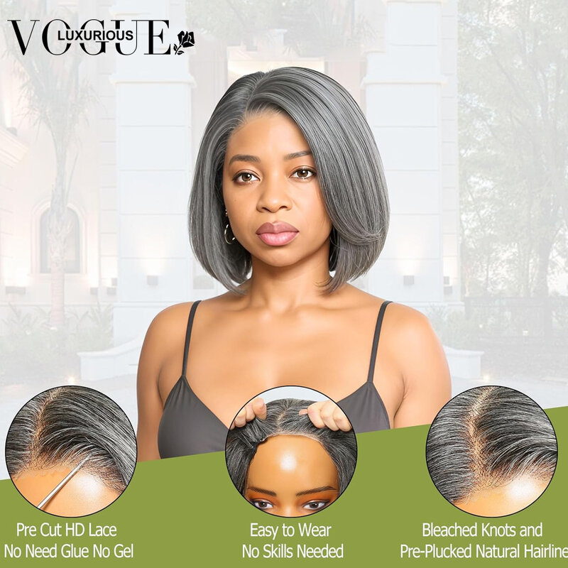 Glueless Straight Short Bob Grey Pixie Cut Human Hair Wigs 4X4 Lace 5X5 HD Closure Brazilian Remy On Sale Wig Natural Hairline