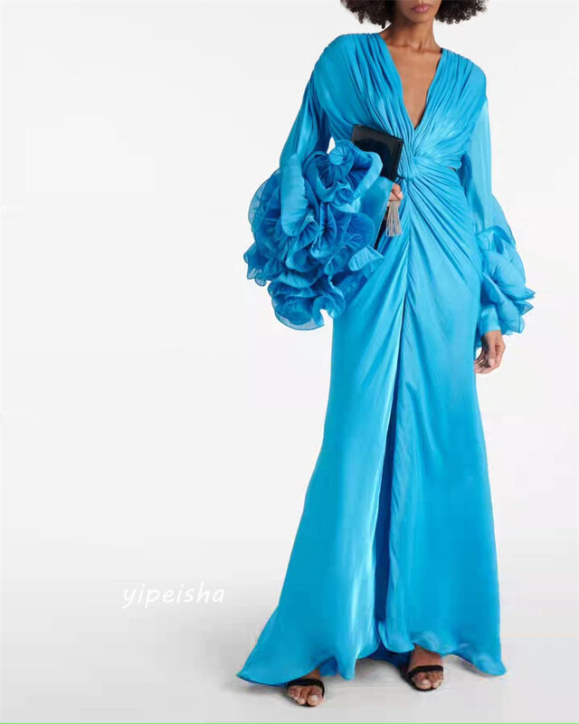 Платье для выпускного вечера из Саудовской Аравии, атласное плиссированное платье А-силуэта с V-образным вырезом, на заказ, длина в пол