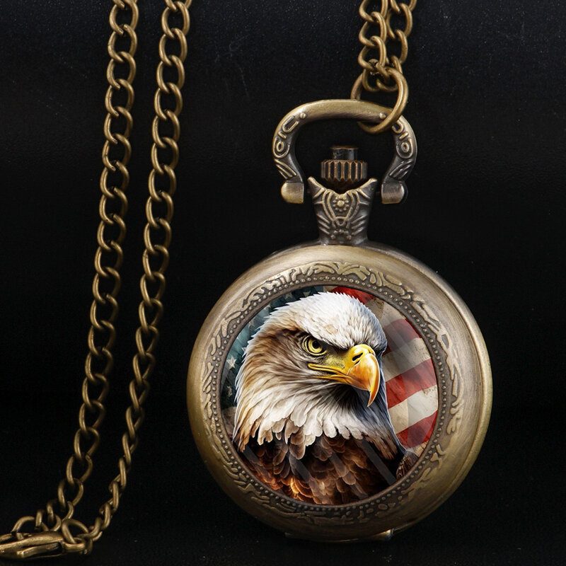 Relógio de bolso de quartzo vintage para homens e mulheres, bandeira americana, águia careca, águia americana, colar pingente, relógio, brindes infantis