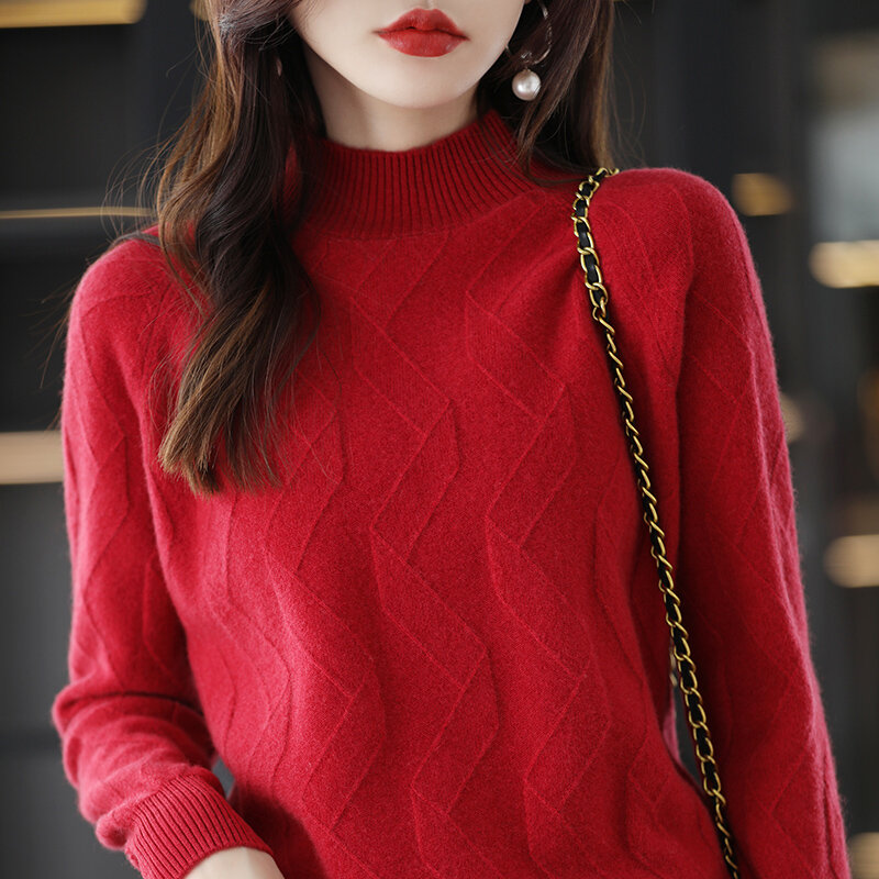 새로운 단색 100% 울 스웨터, 따뜻한 세미 하이 칼라 기질 니트 스웨터, 여성용 긴팔 패션 탑, 가을/겨울