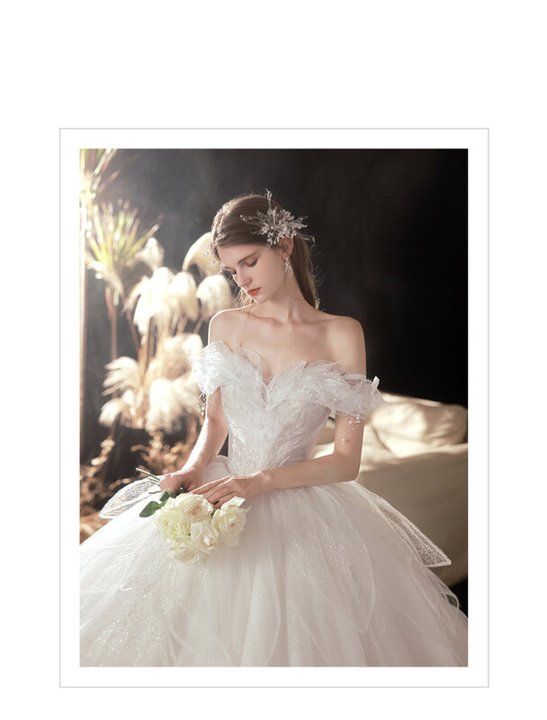 تخصيص البيج الرئيسي فستان الزفاف السماء المرصعة بالنجوم جديد العروس رقيق تنورة ذيل كبير فستان الأميرة ضئيلة