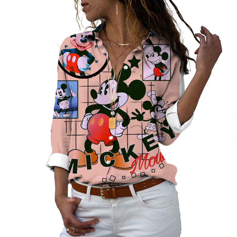 Disney-Camiseta de manga larga con botones para mujer, camisa informal con solapa y estampado 3D de Mickey, Minnie, Pato Donald, estilo Harajuku, y2k, novedad de 2022