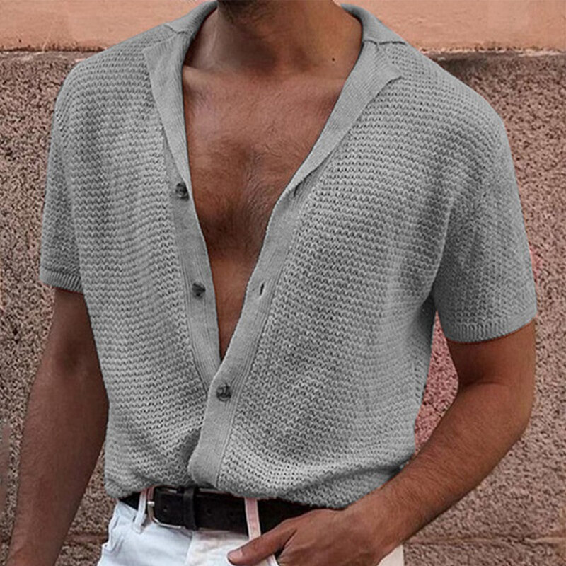 Camisa con solapa para hombre, cárdigan de punto, Top de manga corta, perfecto para verano