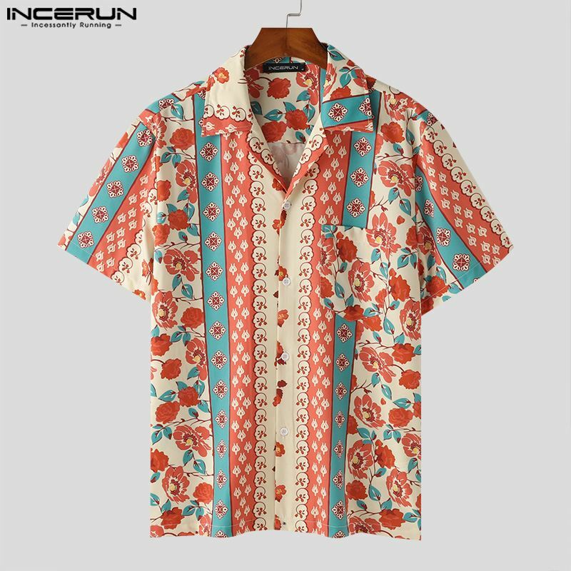 Incerun-男性のハワイアン印刷ラペル半袖シャツ、夏のストリートウェア、休暇服、カジュアルシャツ、S-5XL、2024