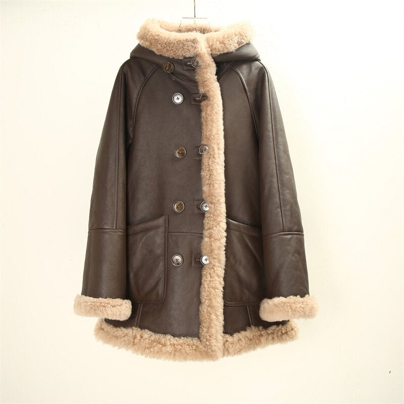 2023 Women Fashion Bazaar Lamb Fur Shearling Jacket Female Hooded Green Brown Real Fur Coat