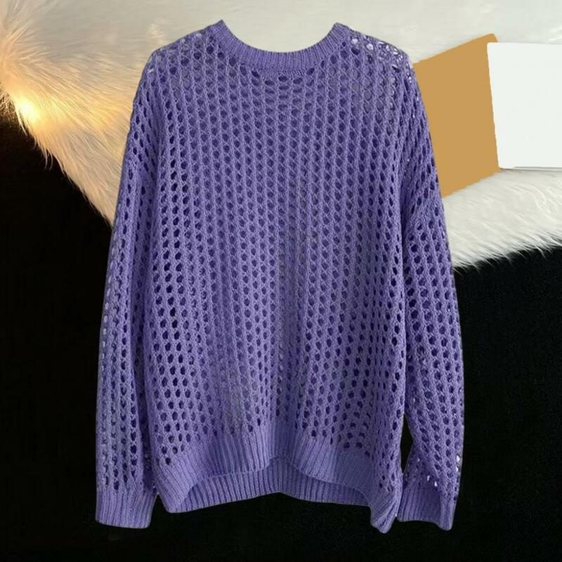 Men Club Top Men's Fishnet Hollow Out Knitted Sweater Hip Hop Streetwear Pullover Top for Spring Fall Loose Fit Round Neck