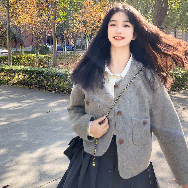 Koreaanse Dubbelzijdige Wollen Stoffen Jassen Vrouwen Lieve Wollen Jas Temper Preppy Stijl Mode Hebben Zakken