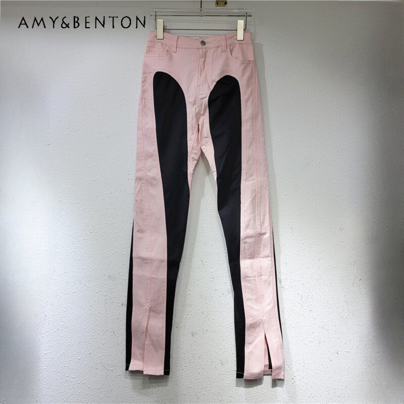 2024 Spring Summer New Jeans American Retro Slimming High Waist Color Contrast Patchwork Stretch Pencil Denim Trousers For Women