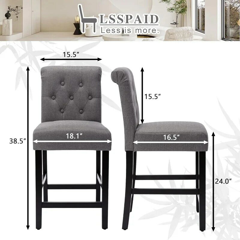 LSSPAID Counter Height Bar Stools Set of 2, 24 inch , Fabric , Kitchen Island Wood Bar Chairs, Solid Wood Legs , Grey