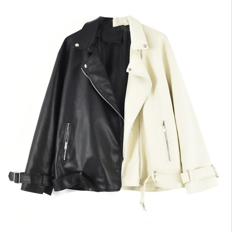 Lapel Splicing PU Leather Jacket for Women Faux Soft Leather Coat Casual Loose Outwear with Belt Spring and Autumn