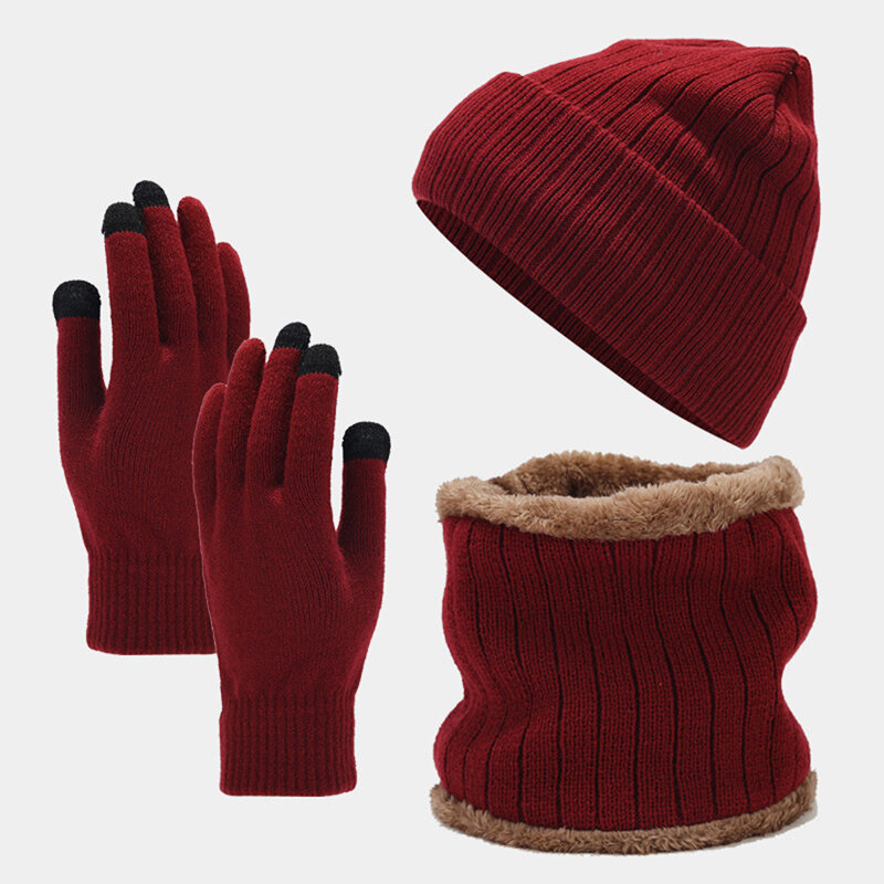 Men and Women  Plush Knitted Hat and Scarf Set  Winter Thick and Warm Casual Beanie + Faux Fur Patchwork Scarf + Gloves