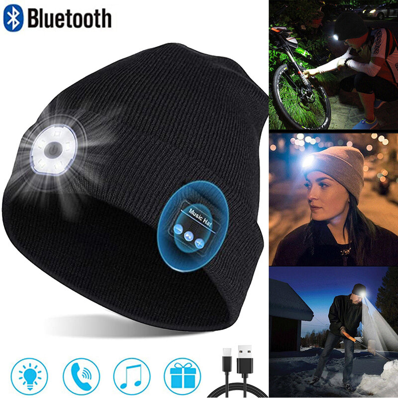 겨울 비니 모자 헤드램프 헤드셋 LED 조명, 유니섹스 소프트 블랙 원사 니트 모자 무선 블루투스 5.0 스마트 캡