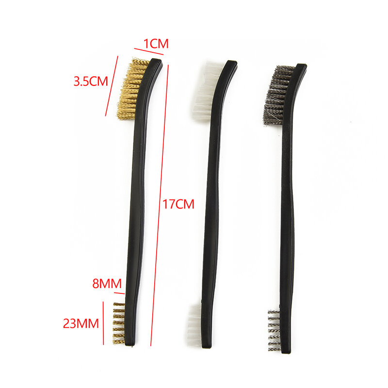 Double-End Mini Wire Brush Set, Aço Latão Nylon Escova, Limpeza Universal, Polimento Metal Rust Tool, 3 Linhas, 17.5cm, 3Pcs